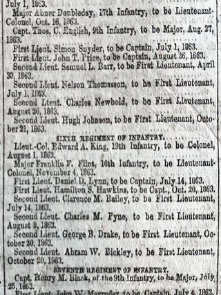 1864 CIVIL WAR newspaper with Front-Page Devoted to Abraham Lincoln Nominations for Officer Promotions - Grant, Meade & Abner Doubleday