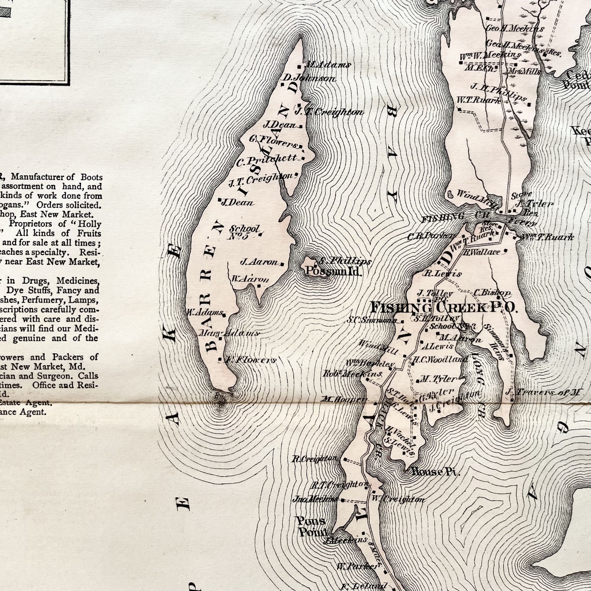 1877 Hand-Colored Street Map of Hooper's Island, Maryland with East New ...