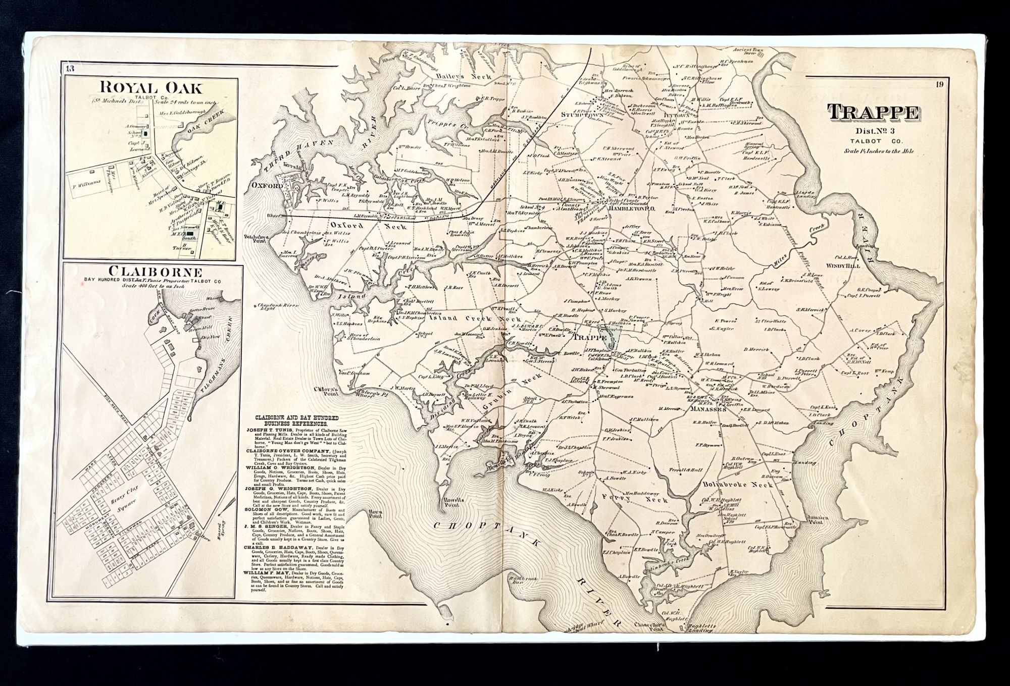 Original 1877 Hand-Colored Street Map of Trappe, ROYAL OAK, and Original 1877 Hand-Colored Street Map of Trappe, ROYAL OAK, and