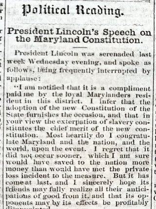 Original 1864 CIVIL WAR newspaper ABRAHAM LINCOLN SPEECH PRAISING ABOLITION of SLAVERY in MARYLAND. Abraham Lincoln.