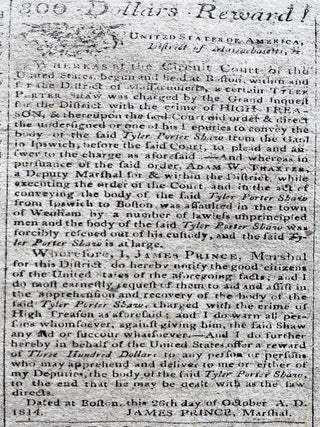 1814 War of 1812 Newspaper - Maine Sea Captain Smuggler Tyler Porter Shaw Wanted for Treason w $800 Reward for His Capture