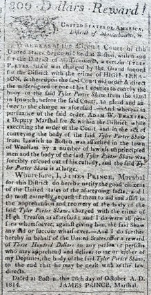 1814 War of 1812 Newspaper - Maine Sea Captain Smuggler Tyler Porter Shaw Wanted for Treason w $800 Reward for His Capture