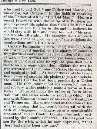Confederate Guerilla Fighter Champ Ferguson Executed by Hanging - 2 1865 Civil War Newspapers