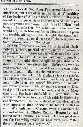 Confederate Guerilla Fighter Champ Ferguson Executed by Hanging - 2 1865 Civil War Newspapers