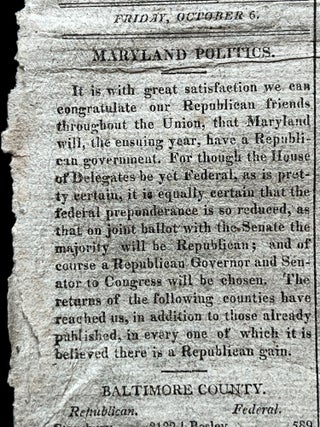 Two 1815 Washington, DC Newspapers with Maryland Election Results After War of 1812