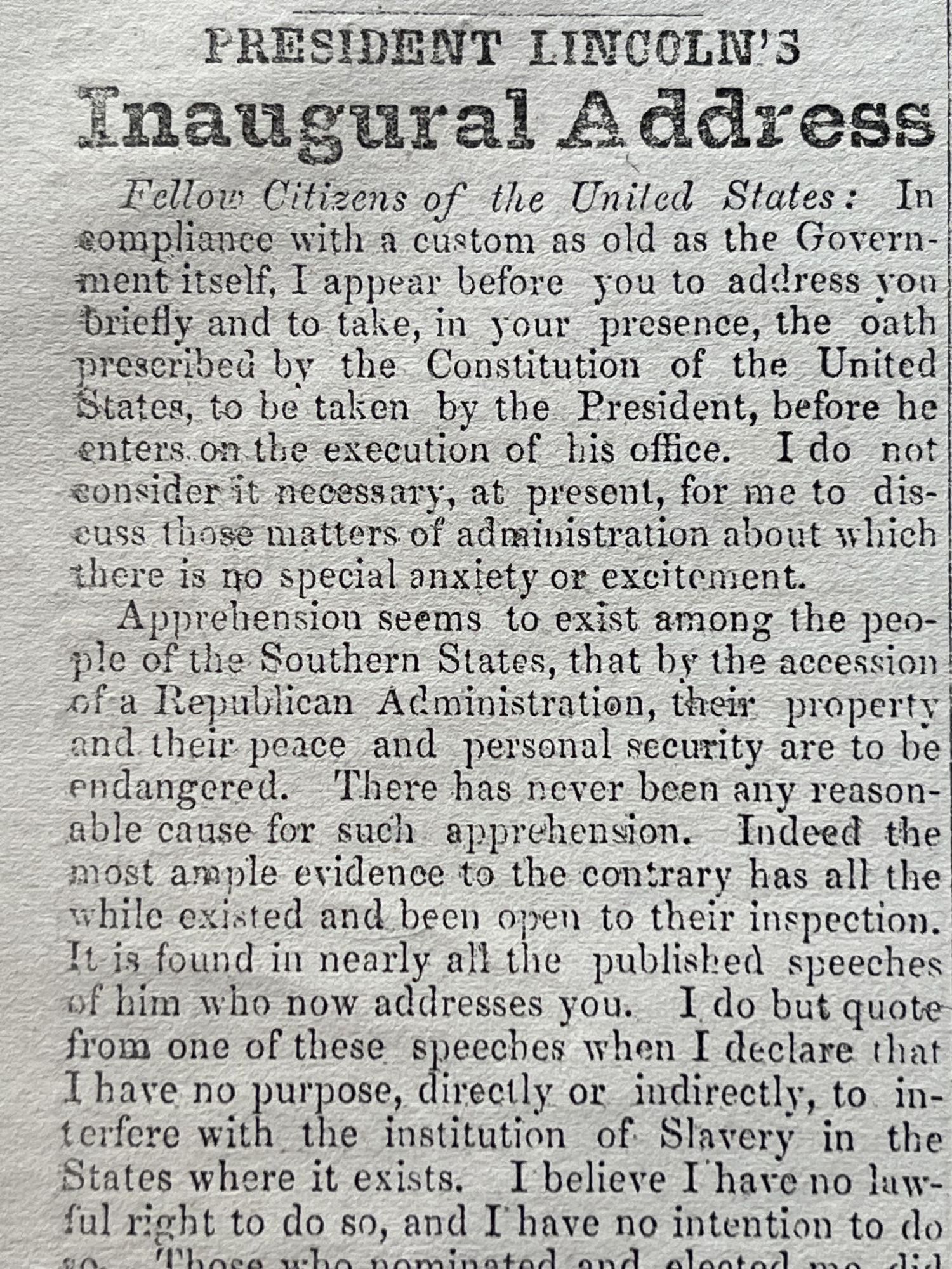 Abraham Lincoln Inaugurated US President, with a Complete Printing of ...