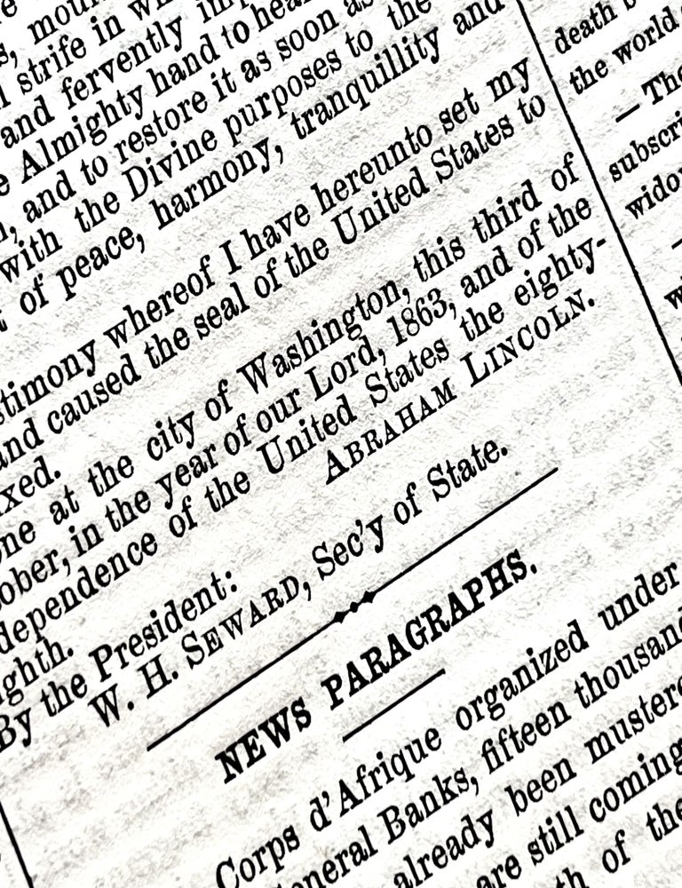 Item #18458 Early Complete Printing of Abraham Lincoln's 1863 Proclamation for the 1st Thanksgiving Holiday. Abraham Lincoln.