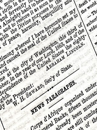 Early Complete Printing of Abraham Lincoln's 1863 Proclamation for the 1st Thanksgiving Holiday. Abraham Lincoln.