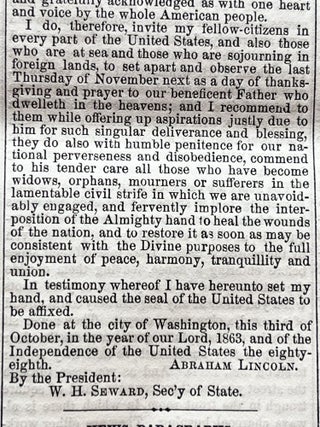 Early Complete Printing of Abraham Lincoln's 1863 Proclamation for the 1st Thanksgiving Holiday