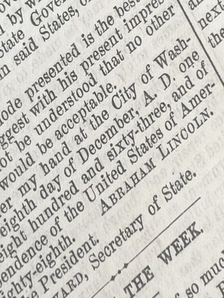 Early Printing of Abraham Lincoln's Emancipation Proclamation, Freeing All Slaves in. Abraham Lincoln.