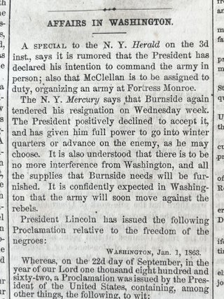Early Printing of Abraham Lincoln's Emancipation Proclamation, Freeing All Slaves in Confederate-Held Territory