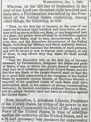 Early Printing of Abraham Lincoln's Emancipation Proclamation, Freeing All Slaves in Confederate-Held Territory