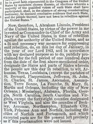 Early Printing of Abraham Lincoln's Emancipation Proclamation, Freeing All Slaves in Confederate-Held Territory