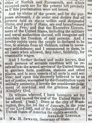 Early Printing of Abraham Lincoln's Emancipation Proclamation, Freeing All Slaves in Confederate-Held Territory