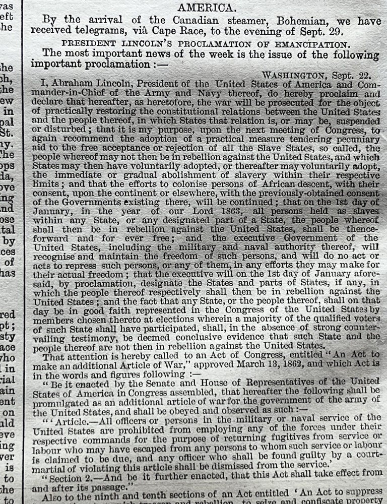 Item #18957 1862 Civil War newspaper ABRAHAM LINCOLN preliminary EMANCIPATION PROCLAMATION. Abraham Lincoln.