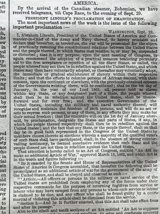 1862 Civil War newspaper ABRAHAM LINCOLN preliminary EMANCIPATION PROCLAMATION. Abraham Lincoln.