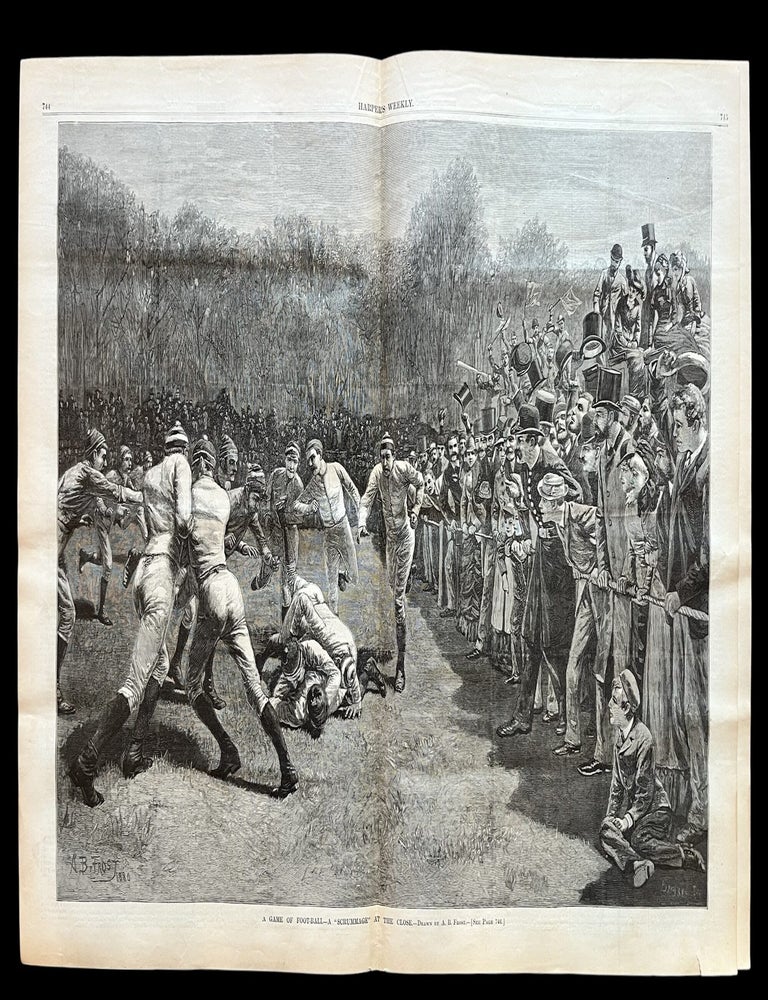 Item #19017 1881 Illustrated Newspaper with a Double-Page, Centerfold Engraving of an Early Football Game with a History of Early Ivy League Football. A. B Frost.