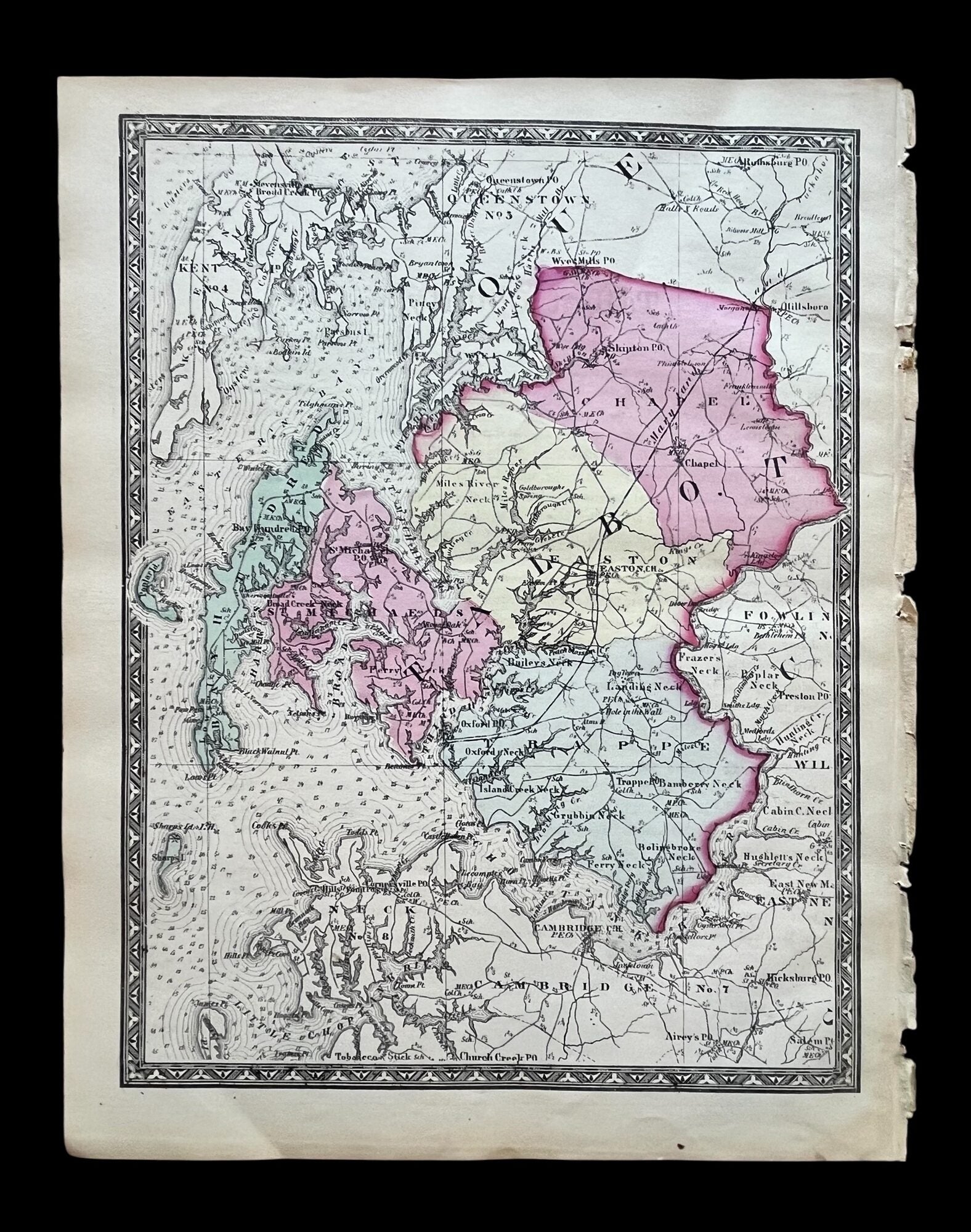 1866 Post-Civil War Hand-Colored Martenet Map of Talbot County, Maryland