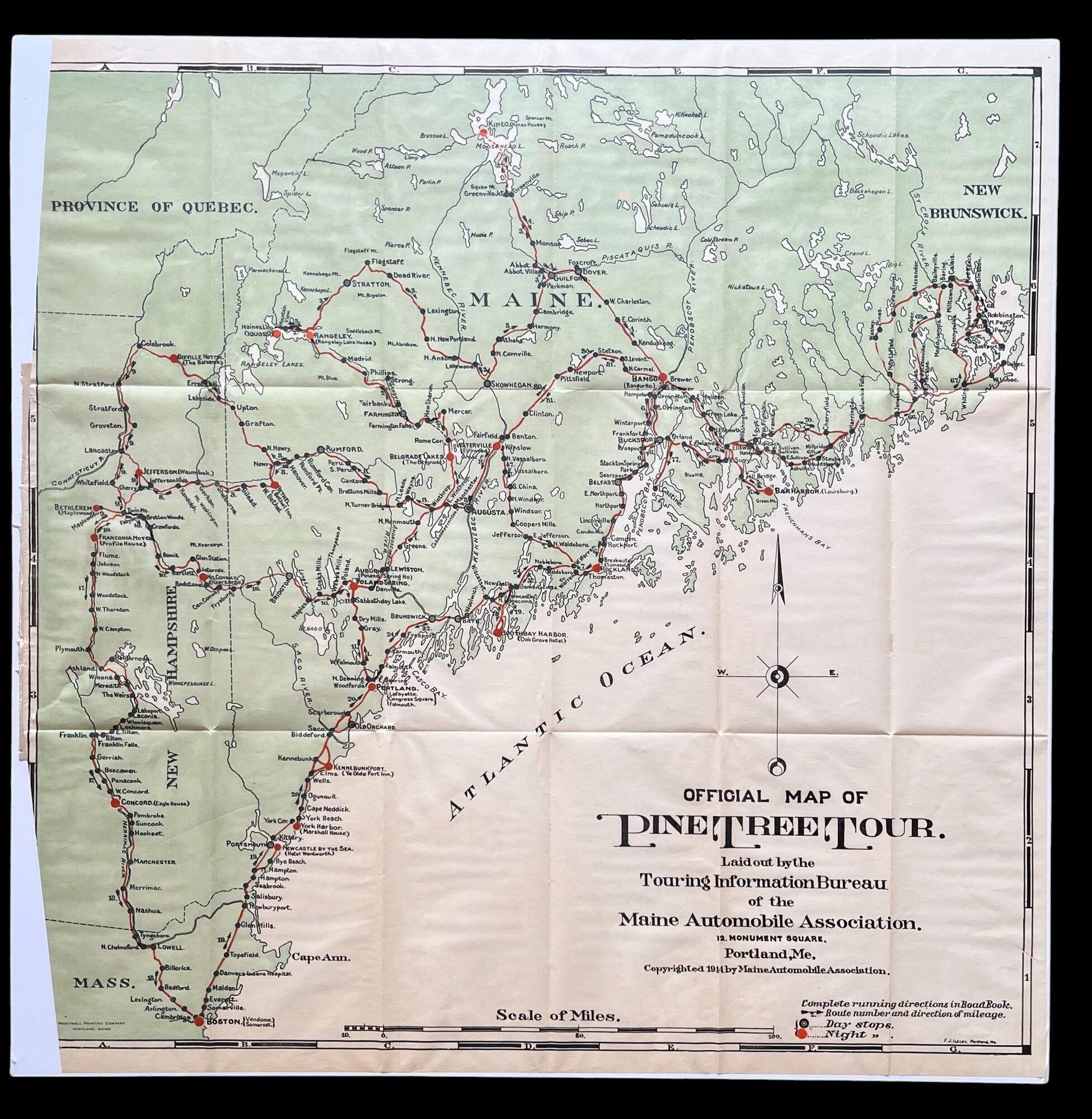 A Colorful Early Road Map of the Maine Coast in 1914, from the Southern ...