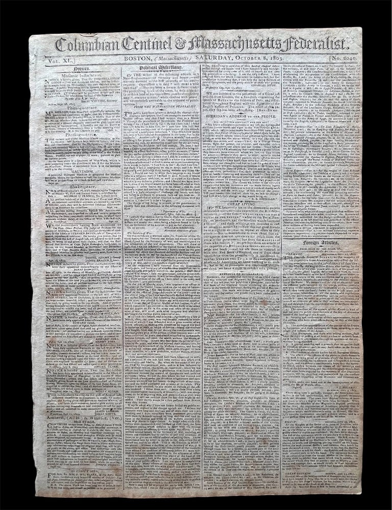 Item #19385 1803 Boston Hometown Newspaper with Report of the Death and Funeral of Revolutionary War instigator and Declaration of Independence Signer, Samuel Adams