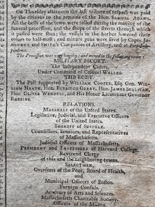 1803 Boston Hometown Newspaper with Report of the Death and Funeral of Revolutionary War instigator and Declaration of Independence Signer, Samuel Adams