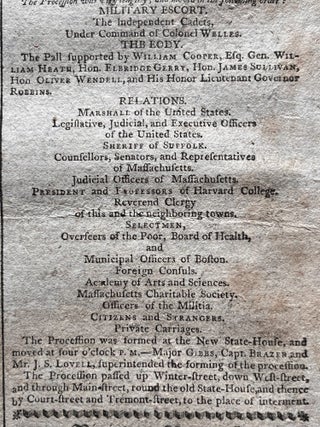 1803 Boston Hometown Newspaper with Report of the Death and Funeral of Revolutionary War instigator and Declaration of Independence Signer, Samuel Adams