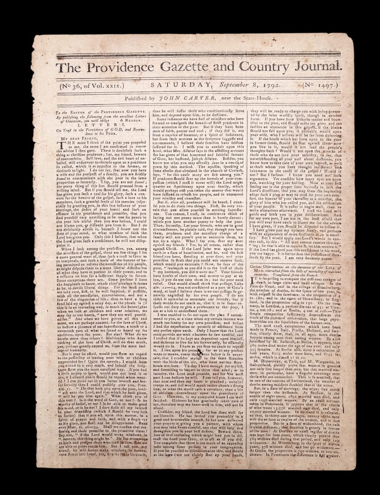 Item #19448 1792 Providence, Rhode Island Newspaper - Detailed Advertisement for Thomas Paine's "Rights of Man"; Small Pox Epidemic, Providence Enacts Death Sentence for Those Spreading the Disease