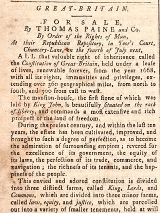 1792 Providence, Rhode Island Newspaper - Detailed Advertisement for Thomas Paine's "Rights of Man"; Small Pox Epidemic, Providence Enacts Death Sentence for Those Spreading the Disease