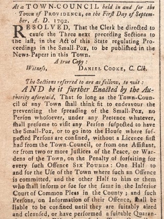 1792 Providence, Rhode Island Newspaper - Detailed Advertisement for Thomas Paine's "Rights of Man"; Small Pox Epidemic, Providence Enacts Death Sentence for Those Spreading the Disease