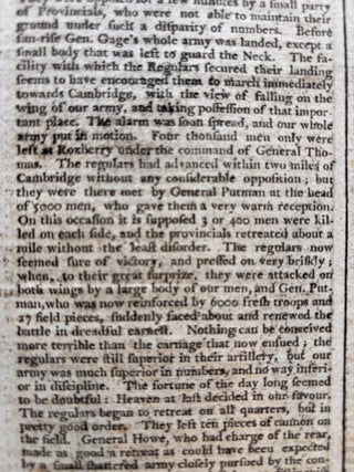 Original 1775 Revolutionary War Newspaper with Detailed Coverage of the Battle of Bunker Hill, Also George Washington Appointed Commander in Chief of the Continental Army