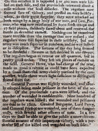 Original 1775 Revolutionary War Newspaper with Detailed Coverage of the Battle of Bunker Hill, Also George Washington Appointed Commander in Chief of the Continental Army