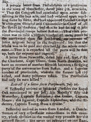 Original 1775 Revolutionary War Newspaper with Detailed Coverage of the Battle of Bunker Hill, Also George Washington Appointed Commander in Chief of the Continental Army