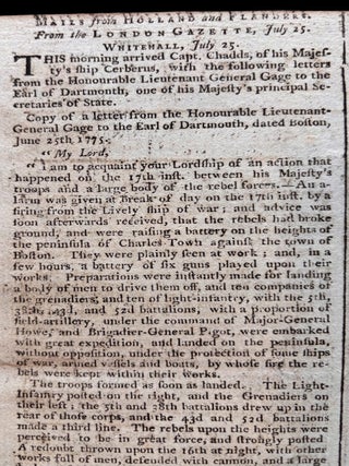 Original 1775 Revolutionary War Newspaper with Detailed Coverage of the Battle of Bunker Hill, Also George Washington Appointed Commander in Chief of the Continental Army