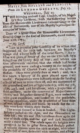 Original 1775 Revolutionary War Newspaper with Detailed Coverage of the Battle of Bunker Hill, Also George Washington Appointed Commander in Chief of the Continental Army