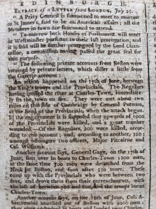 Original 1775 Revolutionary War Newspaper with Detailed Coverage of the Battle of Bunker Hill, Also George Washington Appointed Commander in Chief of the Continental Army