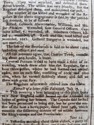 Original 1775 Revolutionary War Newspaper with Detailed Coverage of the Battle of Bunker Hill, Also George Washington Appointed Commander in Chief of the Continental Army