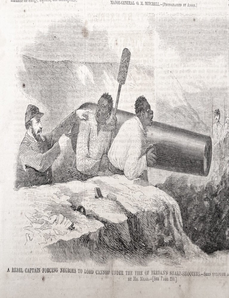 Item #19471 Union Army Captures New Orleans, Louisiana - 1862 Civil War Newspaper, with Front-Page Engraving of Confederate Officer Forcing Slaves to Load Cannon Under Fire from Berdan's Sharp Shooters