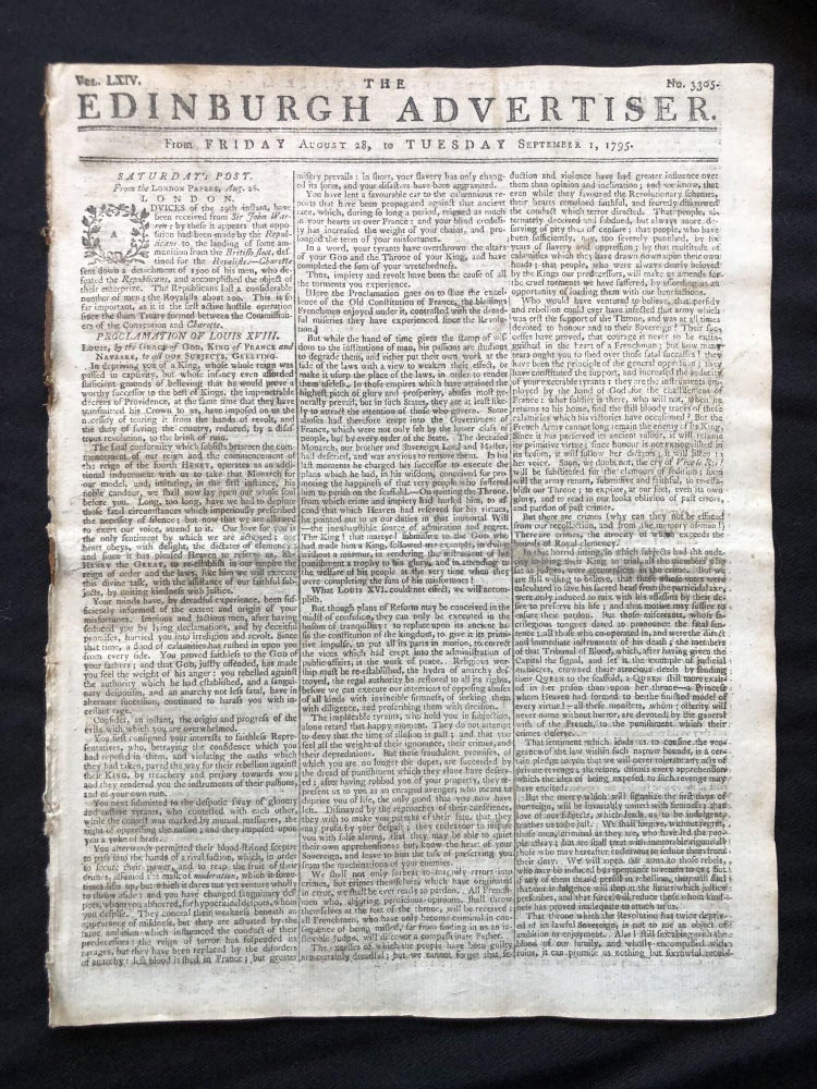 Item #900107 1795 newspaper LOUIS XVIII DECLARES himself KING of FRANCE in FRENCH REVOLUTION, with a complete front-page printing of the Verona Declaration