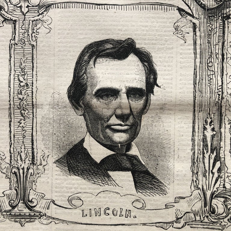 Item #900125 1860 ILLUSTRATED newspaper MATHEW BRADY engraving of a BEARDLESS ABRAHAM LINCOLN at the 1860 Republican National Convention