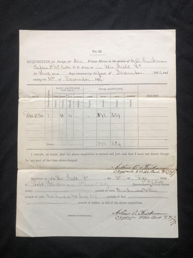 Item #900132 TWO original 1864-1865 MARYLAND CIVIL WAR UNION ARMY CHAPLAIN Requisition Forms for Arthur Brickman of the 1st Maryland Infantry and 3rd Maryland Cavalry