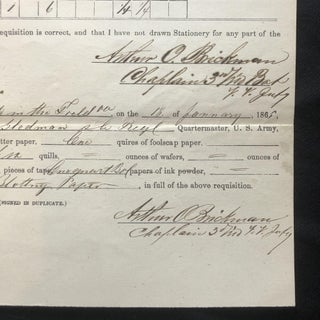 TWO original 1864-1865 MARYLAND CIVIL WAR UNION ARMY CHAPLAIN Requisition Forms for Arthur Brickman of the 1st Maryland Infantry and 3rd Maryland Cavalry