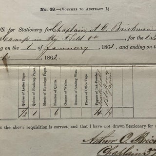 TWO original 1864-1865 MARYLAND CIVIL WAR UNION ARMY CHAPLAIN Requisition Forms for Arthur Brickman of the 1st Maryland Infantry and 3rd Maryland Cavalry