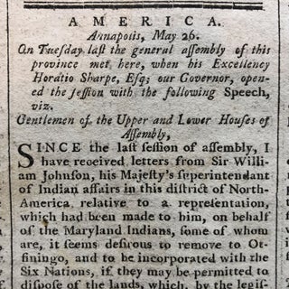 1768 newspaper MARYLAND GOVERNOR HORATIO SHARPE LETTERS Md Indians to Join Iroquois Confederacy