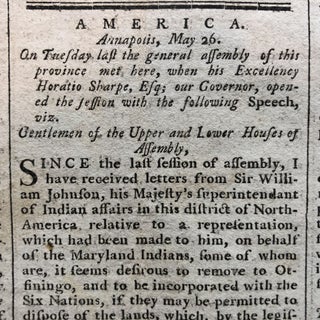 1768 newspaper MARYLAND GOVERNOR HORATIO SHARPE LETTERS Md Indians to Join Iroquois Confederacy