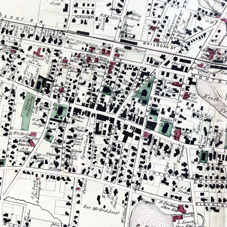 Item #900250 1879 Hand-Colored Map of Brockton Massachusetts w PROPERTY OWNER NAMES & Building Footprints