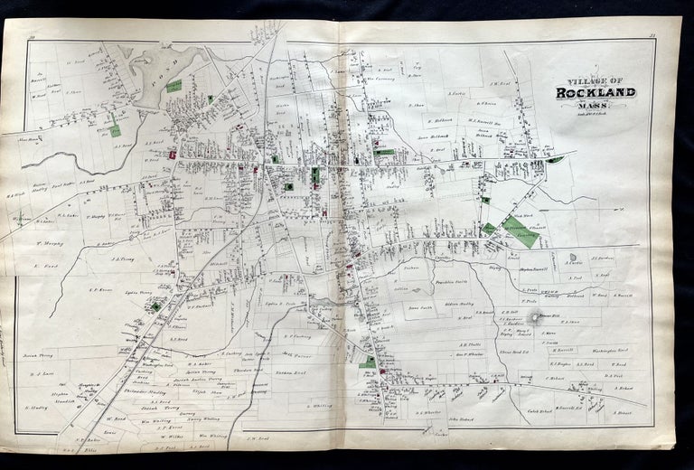 Item #900253 1879 Hand-Colored Map of ROCKLAND Massachusetts w PROPERTY OWNER NAMES & Building Footprints