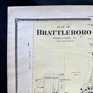 1869 Hand-Colored Street Map of Brattleboro Vermont w PROPERTY OWNER NAMES & Building Footprints