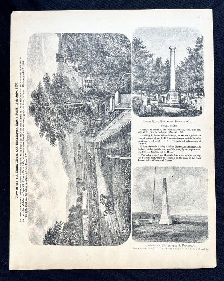 Item #900261 1869 Broadside with Views of Revolutionary War Vermont - Bennington Battlefield, the Ethan Allen Monument & the Hubbardton Monument