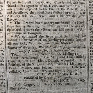 1781 Revolutionary War newspaper NATHANAEL GREENE Otho Williams SIEGE of NINETY SIX