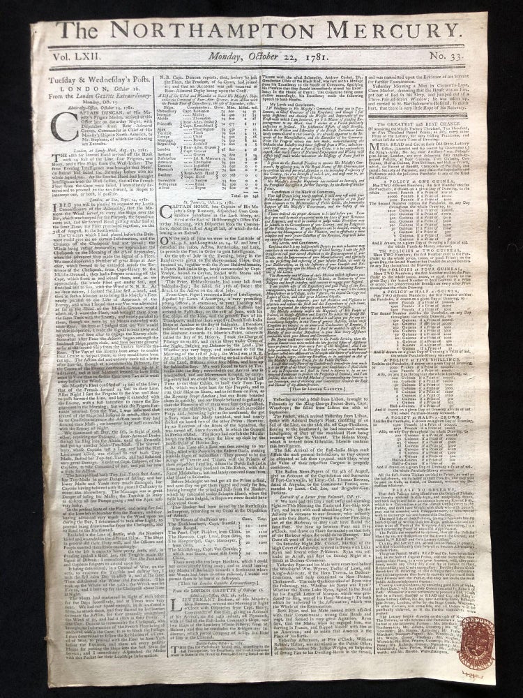 Item #900302 1781 newspaper w EYEWITNESS ACCOUNT of the BATTLE of the CAPES Cornwallis Trapped at Yorktown. Revolutionary War.